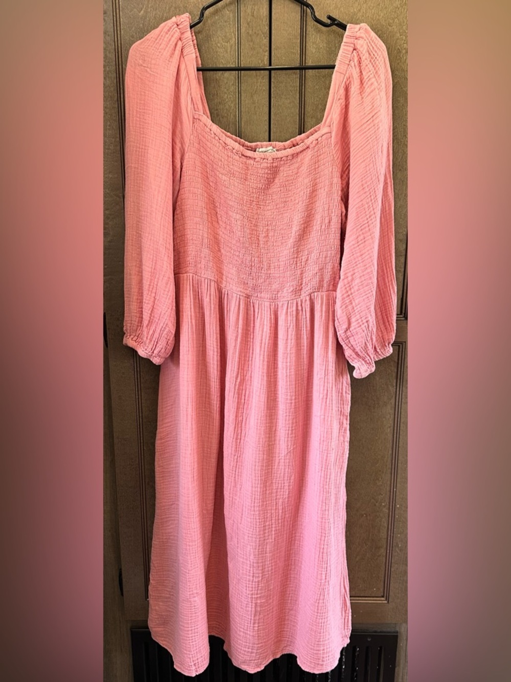 beachlunchlounge Ballon-Sleeve Smocked Waist Cotton Midi Dress Size Large